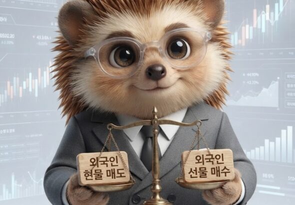 코스피 지수 하락과 개별 종목 상승이 엇갈린 시장을 분석하는 차트도치 캐릭터