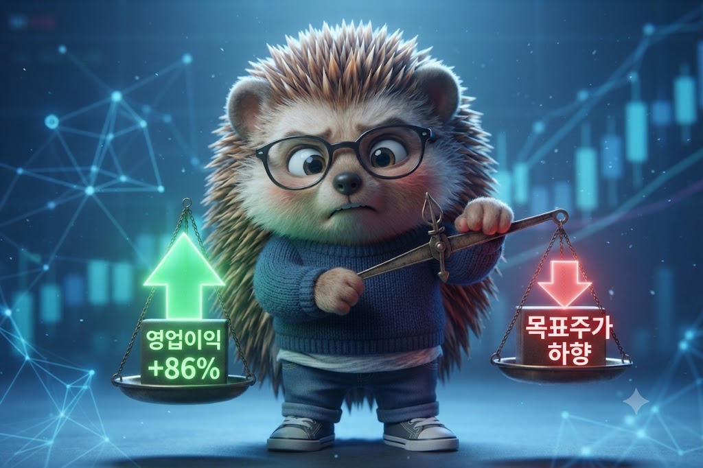 고려아연 실적 전망 상향과 목표주가 하향이 엇갈리는 구조를 저울질하는 차트도치 캐릭터